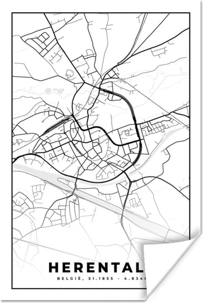 Poster Stadskaart – Plattegrond – België – Zwart Wit – Herentals – Kaart - 120x180 cm XXL