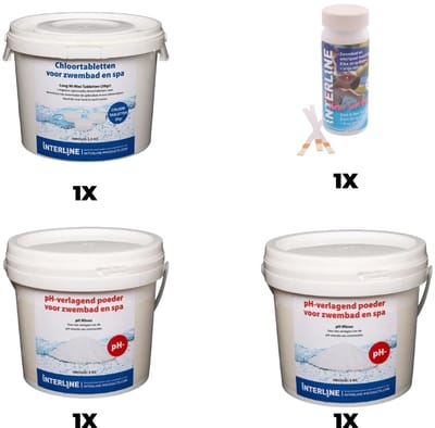 Zwembad Onderhoudsset groot - Starterset Zwembad - bevat Chloor - Testrips - PH-min en PH-plus - Zwembad Onderhoud Starterspakket - Chloortabletten - Voor Zwembaden