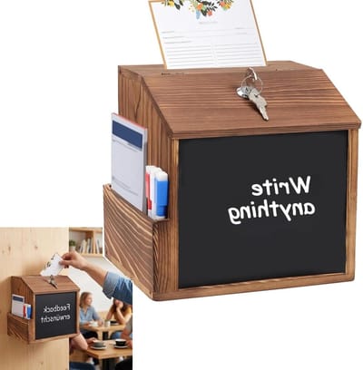 Houten suggestiebox met schrijfboard en invoerslot, veelzijdige stembus voor school, kantoor en evenementen, wand- of staand gebruik, veilig en praktisch