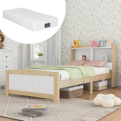 DESMIU Eenpersoonsbed 90x200 Cm – Opberg Hoofdbord Met Matras – Bedframe Met Lattenbodem – Voor Kinderkamer Of Jeugdkamer – Massief Hout – Wit