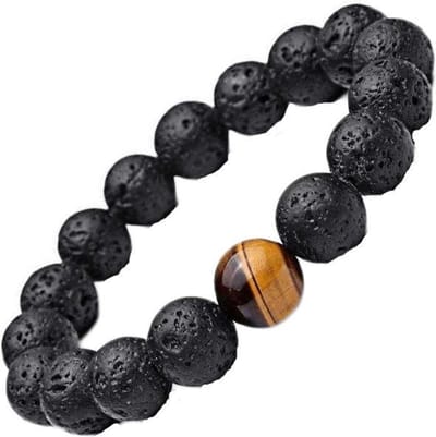 Rhylane - Armband Natuursteen, Lavasteen & Tijgeroog - Lenge 20 cm, Diamater 10 mm- Elastische Kralenarmband