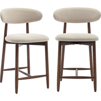 Set van 2 barkrukken, moderne stoelen op barkrukkenhoogte met gestoffeerde stoffen zitting en houten poten, comfortabele keukeneilandkrukken, beige