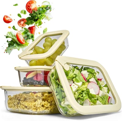 Famanu - Glazen lunchbox set met deksel, borosilicaat containers 370-1520 ml, voedsel bewaren en koelkast organizer, keuken opslag