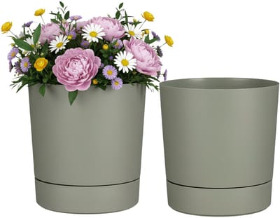 Mica Decorations Bloempot Coco - 2x - met onderschaal - olijfgroen - H30 x D28 cm - kunststof - buiten