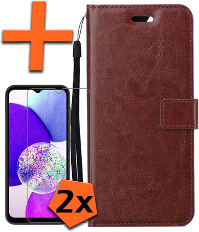 Hoes - Met 2x Screenprotector - Geschikt voor Samsung Galaxy A14 - Luxe Pasjeshouder - Bookcase Portemonee - Flip Case - Kunstleer Book Case - Flipcase Hoes - Book Cover - Walletcase - PortemonneeHoes - Bruin