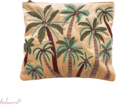 Imbarro - Toilettas - Pouch - Beautybag - Palm Paradise - Velvet - 32x27 cm - Beige/Groen