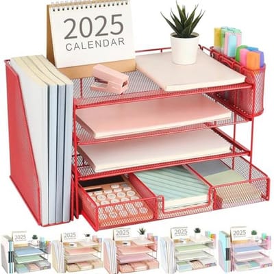 Papieren brievenbakorganizer met lade en pennenhouders - 4-laags bureauaccessoires voor een opgeruimd bureau