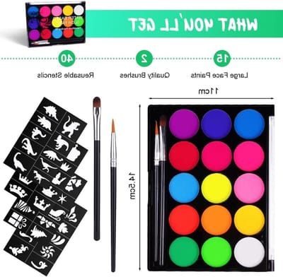Complete Face Paint Kit met 15 Neon Kleuren, 2 Kwasten en 40 Sjablonen voor Veilige en Niet-Toxische Make-up voor Feestjes en Carnavals