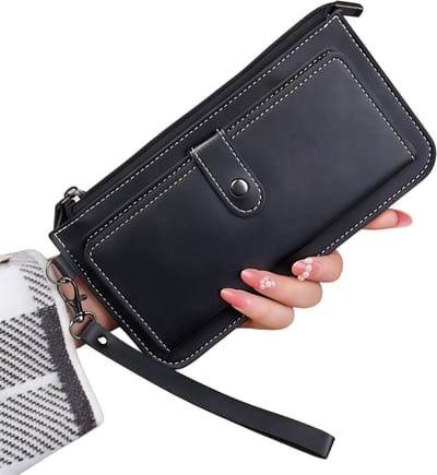 Mode Dames Portemonnee met Eenvoudige Rits – Zwart – Lange Clutch Portemonnee van Zacht Kunstleer – Stijlvolle Geldtas met Kaarthouder voor Pasjes, Contant Geld en Telefoon