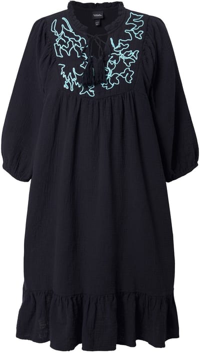 Ulla Popken - Dames - Mousseline jurk borduursel tuniekhals 3/4-mouwen - Zwart - Maat 42+