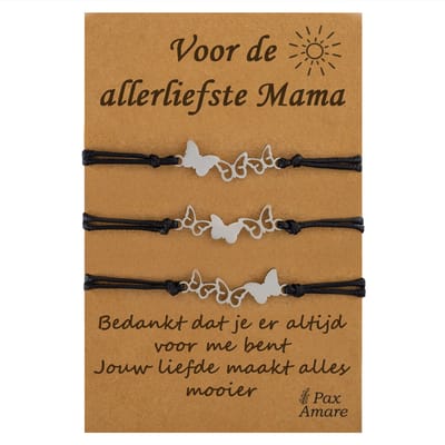 Moeder Kind Armbandjes voor 3 "Voor de Allerliefste Mama" - Vlinders - Vriendschapsarmbandjes met Persoonlijk Cadeau Kaartje - Zilverkleurig - Elastisch Verstelbaar - Pax Amare