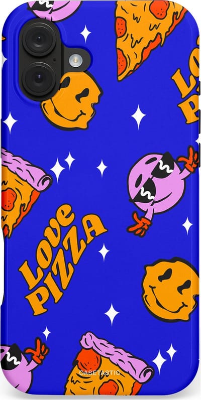 Casetastic hoesje geschikt voor Apple iPhone 16 Plus - MagSafe - Dubbellaagse bescherming - Funky Pizza - Fashion Case - Paars Okergeel Donkerblauw Bruin