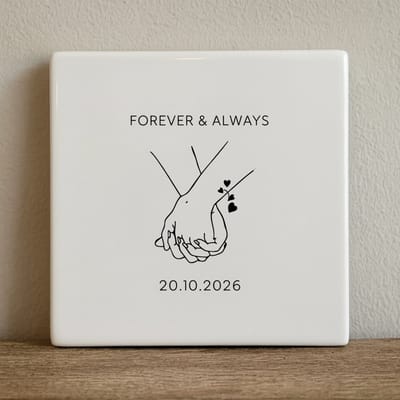 Forever & Always – Gepersonaliseerde Koppel Datum Keramische Tegel 15 × 15 cm | Hand in Hand Liefde Woondecoratie Aandenken