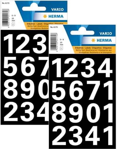 Herma Stickervel nummers - cijfers / getallen - 0 t/m 9 - 2x vellen - wit - 25 mm - watervast