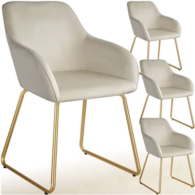 tectake® - Eetkamerstoel Jeane - Set van 4 Eetkamerstoelen - Met doorlopende rugleuning en armleuning - Kuipstoelen met fluwelen bekleding - Stijlvolle keukenstoelen voor eetkamer of woonkamer - Slipvrije en vloerbeschermende voetjes - Crème/goud