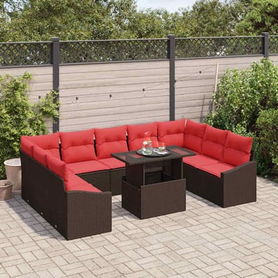 vidaXL - Bankstel - 10 - st - 9-Aantal - zitplaatsen - Bruin - en - Rood - poly - rattan