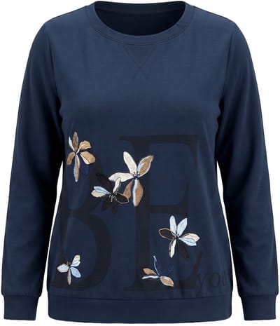 Ulla Popken - Dames - Sweatshirt bloemenborduursel ronde hals korte mouw - Marine - Maat 42+