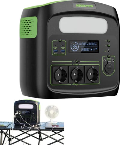 Newsmy Draagbaar Powerstation 700W - 483,84Wh LiFePO4 accu - Meerdere uitvoerpoorten - Oplaadbaar via zonnepaneel - 29x19,5x30cm - Voor kamperen en noodgevallen - Zwart Groen