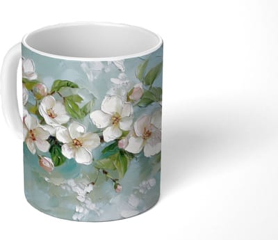 Mok - Koffiemok - Bloesem - Bladeren - Lichtblauw - Mokken - 350 ML - Beker - Koffiemokken - Theemok