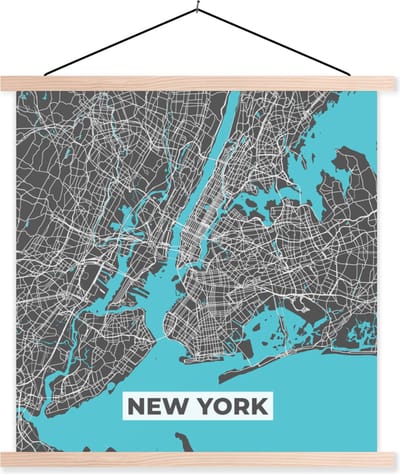Posterhanger incl. Poster 40x40 cm - Schoolplaat - Stadskaart - Blauw - New York - Plattegrond - Kaart - Textielposter - Blanke latten - Stadskaart
