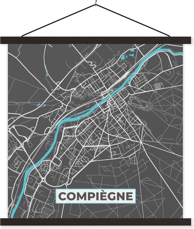 Posterhanger incl. Poster 60x60 cm - Schoolplaat - Compiègne - Frankrijk - Stadskaart - Plattegrond - Kaart - Textielposter - Zwarte latten - Stadskaart