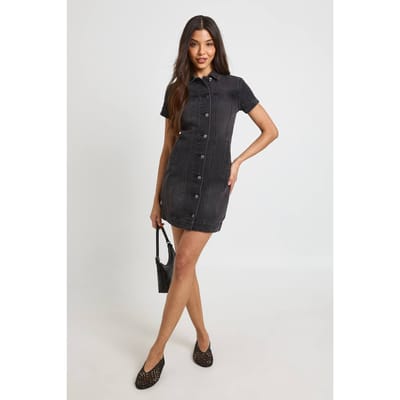 boohoo Dames Western Denim Korte Mouwen Mini Jurk | Washed Black | Maat: 34