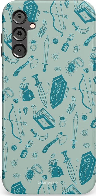 Casetastic Hoesje Geschikt voor Samsung A14 (5G/4G) - Stijlvolle Beschermende Duo-layer Case - Avontuurlijke buit vol wapens