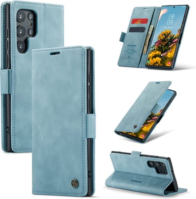 Casemania Hoesje Geschikt voor Samsung Galaxy S23 Ultra Aqua Blue - Dunne Portemonnee Book Case - Slim Wallet Case met Pasjeshouder