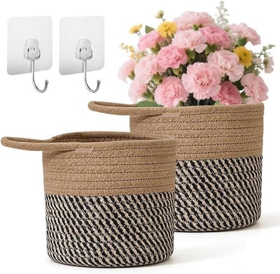 Hangmanden van katoen - 2 stuks opbergmanden met handvat voor keuken, badkamer en woonkamer - 15 x 15 cm, multifunctionele wandmanden in zwart en koffie