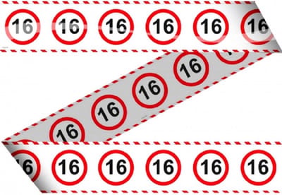 Folat Markeerlint/afzetlint 16 jaar versiering - 2x stuks - met stop borden print - 15 meter - plastic - feestartikelen - versiering