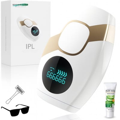 BronStore® IPL Ontharingsapparaat - Laser Ontharing voor Dames & Heren - Epileerapparaat Gezicht & Lichaam - Ontharingsapparaten - Inclusief Beschermbril, Scheermes & Aloë Vera Lotion