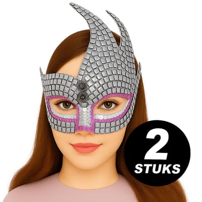 Zilveren Venetiaans Masker met Pailletten en Puntige Hoorns – Verkleedmasker 2 Stuks – Carnaval & Feestartikelen