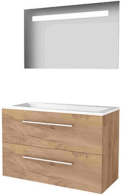 Basic-Line Economic 46 Badkamermeubelset - 100 x 46 cm - Met Grepen - 2 Lades - Acryl Wastafel - 2 Kraangaten - Spiegel met LED Verlichting - Whisky Oak