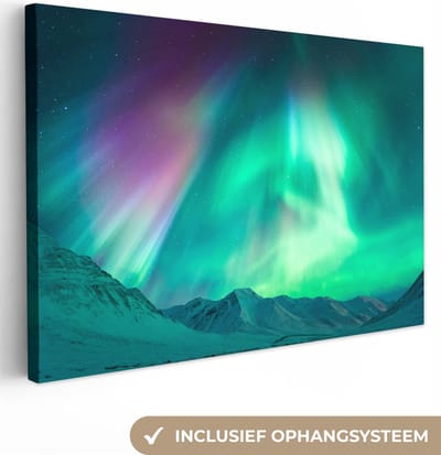Canvas Schilderij Noorderlicht - Berg - Nacht - 30x20 cm - Wanddecoratie