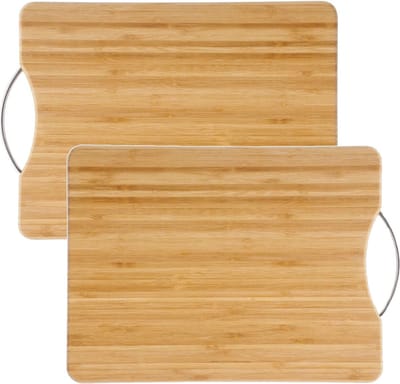 2x Stuks snijplank met metalen handvat 42 x 30 cm van bamboe hout - Serveerplank - Broodplank