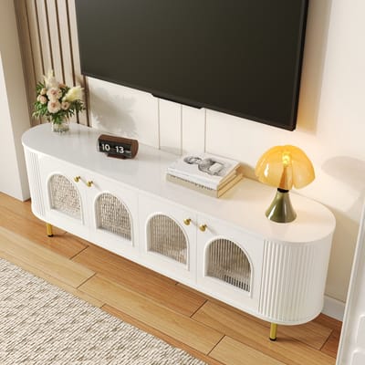 STILVORA Televisiekast - Glazen Deuren En Kabeldoorvoer - Opbergmeubel Voor Woonkamer - MDF Wit;Goud - 170x35x55 Cm