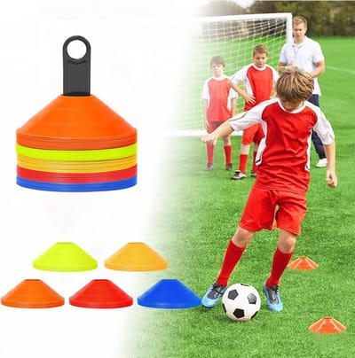 50 stuks PE markeringshoedjes - 20 cm diameter - 5 kleuren (rood, oranje, geel, groen, blauw) - geschikt voor voetbal, hockey, tennis en meer
