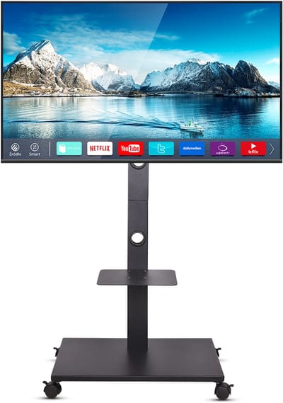 unho Rolling TV-standaard - Verrijdbare tv-wagen - voor 32“-65” LCD LED flatscreen-tv - Vloerstandaardbevestiging - In hoogte verstelbaar - VESA 600x400 mm