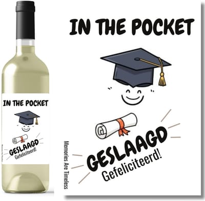 Wijnetiket Geslaagd | In the pocket Gefeliciteerd – Smiley en Diploma (10,5 x 14,8 cm)