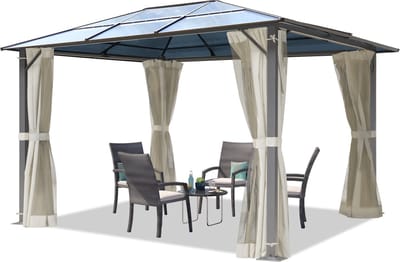 Tuinpaviljoen 3x3,65 m ca. 6 mm polycarbonaat dak 4 muggennetten en zijwanden beige