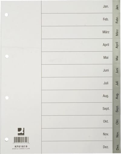 Q-CONNECT tabbladen, A4, PP, 4-gaatsperforatie, met indexblad, set van Jan-Dec, grijs 25 stuks