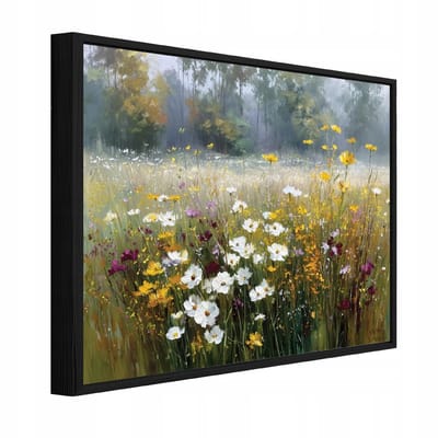 WALLARENA - Schilderij op canvas in zwarte lijst - 100x70 cm - wilde bloemen en weide - wanddecoratie woonkamer en slaapkamer