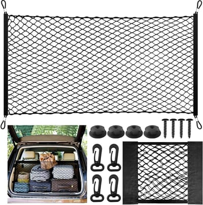 SnelShoppen - Luggage Net Auto 110x60cm - Elastisch Koffers Net Breid Uit tot 140x100cm - Inclusief 30x25cm Net Zak - 4 Stalen Carabiners + 4 ABS Hake
