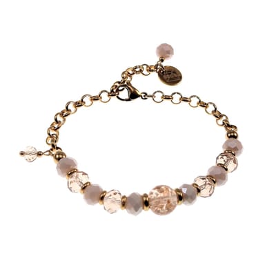 15cm tot 19cm Armband Dames - Verguld RVS - Ronde Schakelarmband met Lichtroze Kristallen - Lichtbruine Murano-Glas