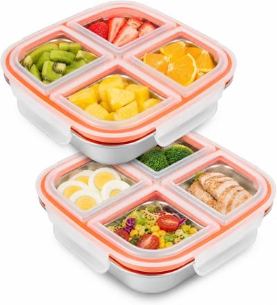 Lunchbox 2 Stuks - RVS Bento Box met 4 Vakken - Lekvrije Broodtrommel - Voor School Werk en Meal Prep