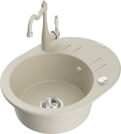 Mexen Kevin granieten spoelbak 1-komorig met afdruiprek en keukenkraan Carla, beige - 6517-69-670700-69