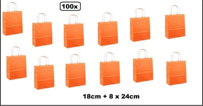100x Papieren koordtas oranje 18x8x22cm - goodiebag|papieren|draagtas|tas|koord|festival|kado|themafeest|party|geschenken