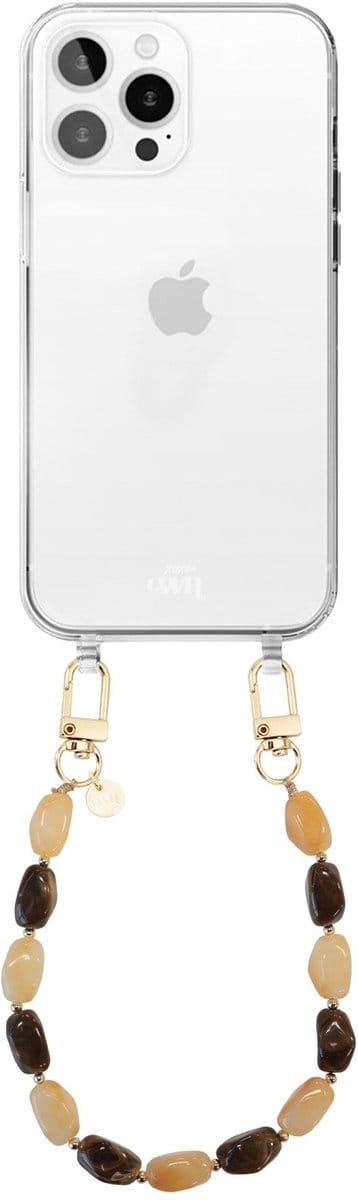 xoxo Wildhearts telefoonhoesje geschikt voor iPhone 11 Pro - Amber Dust (kort koord) - siliconen hoesje met koord - Backcover met telefoonkoord - Telefoonhanger stenen ketting - Beige / Bruin