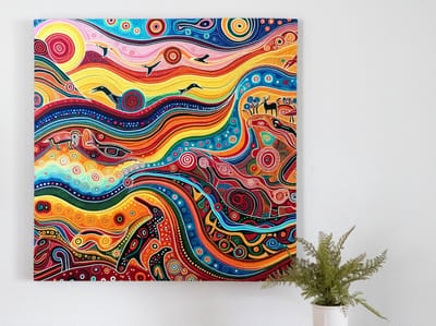 Acryl aboriginal schilderij | Briljant geïnspireerd: levendige Aboriginal kunst, vastgelegd in acrylitzuiven | Kunst - 60x60 centimeter op Canvas | Foto op Canvas