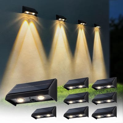 Solar heklampen (buiten, waterdicht) — LED met bolle lens, 3000K warmwit, schemer-tot-dageraad, op zonne-energie — Ideaal voor terrassen, hekken, traptreden en balustrades (set van 8)
